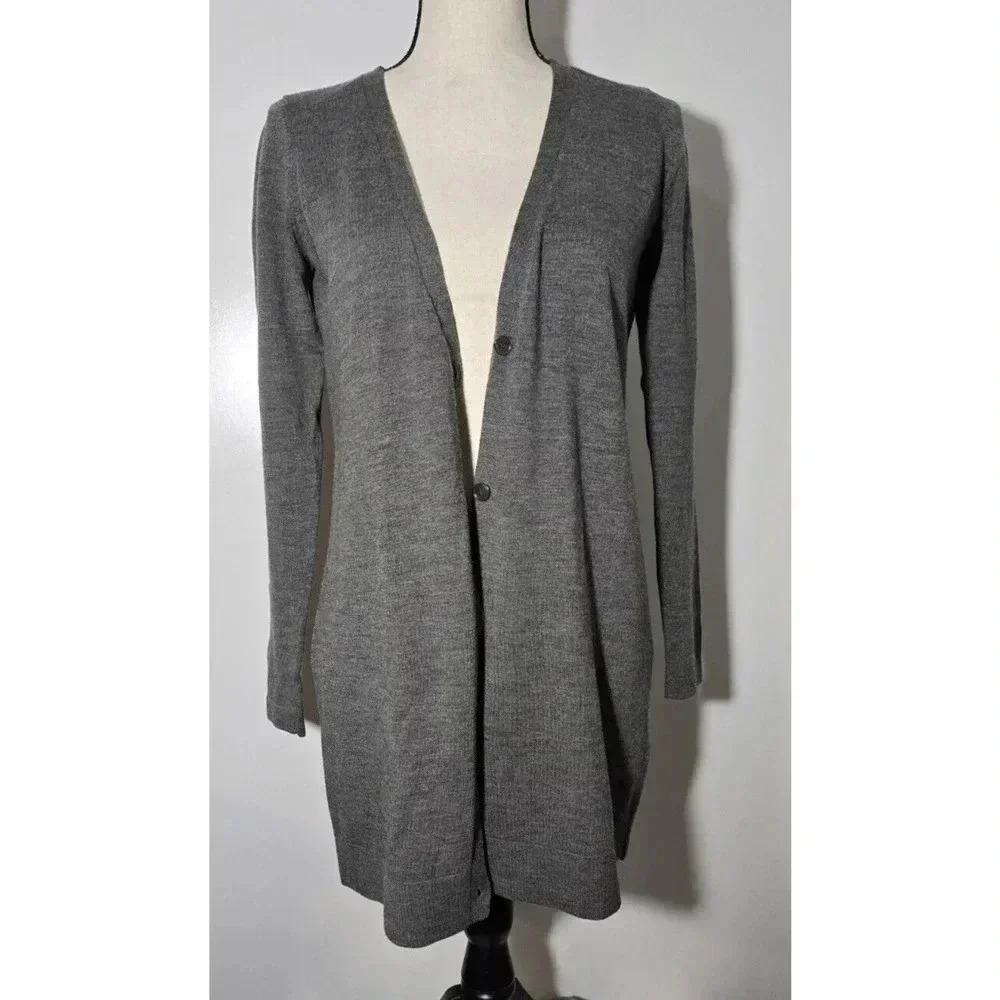 Eileen Fisher Long Cardigan Sweater Button Front Italian Merino Wool Gray SZ XS